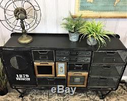 Industrial retro vintage black metal sideboard 11 drawer unit cabinet storage