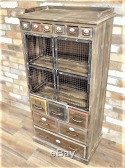 Industrial vintage rustic wood metal cupboard cabinet chest drawers storage
