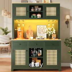 Kitchen Cupboard Tall Kitchen Cabinet with LED, Countertop, Rattan Doors & Drawers