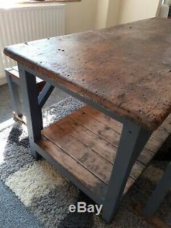 Kitchen/dining table refurbished old school 1950s work bench. Army camp reclaimed