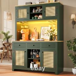 LED Kitchen Cupboard Tall Storage Cabinet with Countertop, Rattan Doors & Drawers