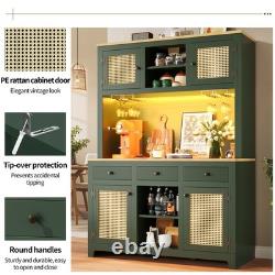 LED Kitchen Cupboard Tall Storage Cabinet with Countertop, Rattan Doors & Drawers
