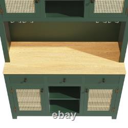 LED Kitchen Cupboard Tall Storage Cabinet with Countertop, Rattan Doors & Drawers