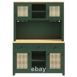 LED Kitchen Cupboard Tall Storage Cabinet with Countertop, Rattan Doors & Drawers