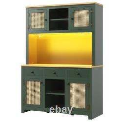 LED Kitchen Cupboard Tall Storage Cabinet with Countertop, Rattan Doors & Drawers