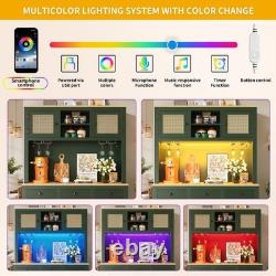 LED Tall Cabinet Vintage Kitchen Storage Adjustable Shelves Drawers Rattan Doors