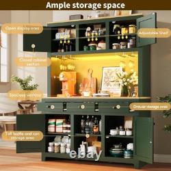 LED Tall Cabinet Vintage Kitchen Storage Adjustable Shelves Drawers Rattan Doors