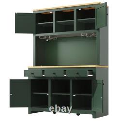 LED Tall Cabinet Vintage Kitchen Storage Adjustable Shelves Drawers Rattan Doors