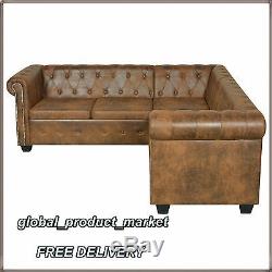 L Shaped Corner Sofa Vintage 5 Seater Retro Couch Luxury PU Leather Chesterfield