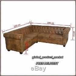 L Shaped Corner Sofa Vintage 5 Seater Retro Couch Luxury PU Leather Chesterfield