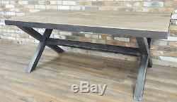 Large Industrial Dining Table Metal Crossed Legs Wooden Top Metal Trim Kitchen
