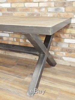 Large Industrial Dining Table Metal Crossed Legs Wooden Top Metal Trim Kitchen