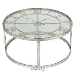 Large Round Metal Glass Skeleton Clock Table Shabby Vintage Chic Home Decor