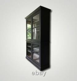 Large Tall Painted Black Vintage Glazed Oak Dresser Display Cabinet Bookcase