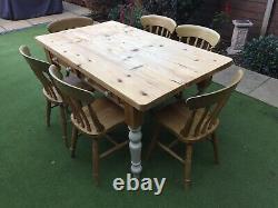 Large Vintage Pine Kitchen Dining Table with 6 chairs