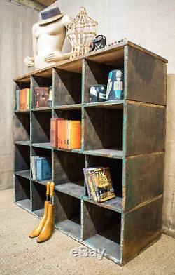 Large industrial pigeon hole unit, solid wood, 16 cube, storage, shelving, display