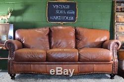 Leather 3 seat Sofa Chesterfield Club Cigar Halo Ranch Deco Vintage Brown Tan