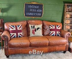 Leather 3 seat Sofa Chesterfield Club Cigar Halo Ranch Deco Vintage Brown Tan