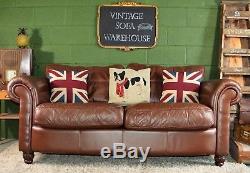 Leather Sofa 3 seater Chesterfield Club Cigar Halo Deco Vintage Brown Tan