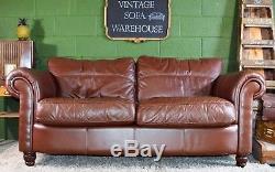 Leather Sofa 3 seater Chesterfield Club Cigar Halo Deco Vintage Brown Tan