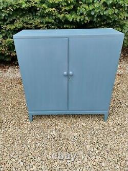 Lightly Distressed Vintage Solid Oak School/hallway/pantry Cupboard In Blue F&b