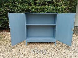 Lightly Distressed Vintage Solid Oak School/hallway/pantry Cupboard In Blue F&b