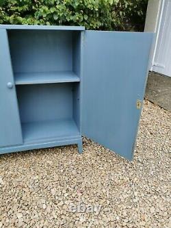 Lightly Distressed Vintage Solid Oak School/hallway/pantry Cupboard In Blue F&b