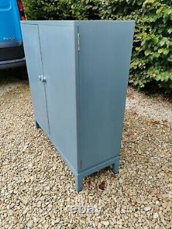 Lightly Distressed Vintage Solid Oak School/hallway/pantry Cupboard In Blue F&b