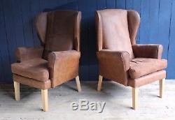 Matching Pair Of Brown Suede Wing Back Armchairs Vintage DELIVERY