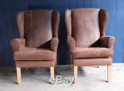 Matching Pair Of Brown Suede Wing Back Armchairs Vintage DELIVERY