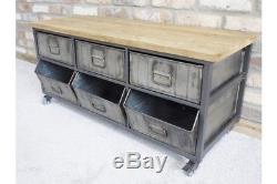 Metal Wooden Retro Industrial Cabinet 6 Drawer Low Sideboard Media Storage Unit