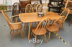 Mid Century Ercol Windsor Plank Table, 6 Quaker Dining Chairs, Kitchen, Retro