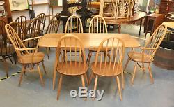 Mid Century Ercol Windsor Plank Table, 6 Quaker Dining Chairs, Kitchen, Retro