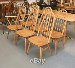 Mid Century Ercol Windsor Plank Table, 6 Quaker Dining Chairs, Kitchen, Retro