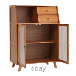 Modern Bamboo Wood Sideboard Kitchen Cupboard with Double Clear Doors, 2 Drawers
