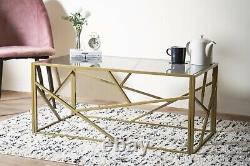 Modern Retro Glass Coffee Table with Geometric Design Golden Finish Home Office