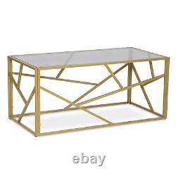 Modern Retro Glass Coffee Table with Geometric Design Golden Finish Home Office
