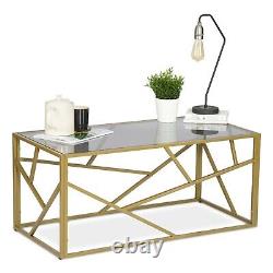 Modern Retro Glass Coffee Table with Geometric Design Golden Finish Home Office