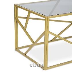 Modern Retro Glass Coffee Table with Geometric Design Golden Finish Home Office