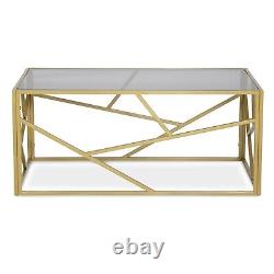 Modern Retro Glass Coffee Table with Geometric Design Golden Finish Home Office