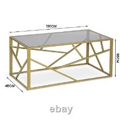 Modern Retro Glass Coffee Table with Geometric Design Golden Finish Home Office