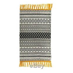 Monochrome Scandi Boho Rug Mat Woven Cotton Geometric Print Fringed Tassels