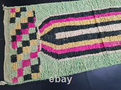Moroccan Boujad Handmade Runner Rug 2'4x11'4 Berber Abstract Green Pink Wool Rug