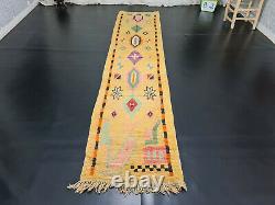 Moroccan Boujad Handmade Runner Rug 2'5x11'2 Geometric Yellow Berber Wool Rug