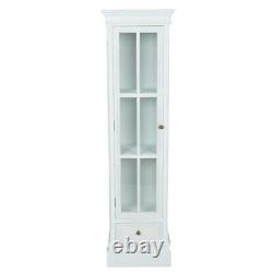 Narrow White Display Cabinet Glass Door Drawer Distressed Look Vintage Bookcase