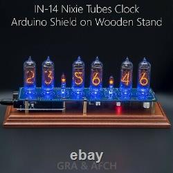 Nixie Clock Arduino IN-14 Shield NCS314 on Wooden Stand 12/24H GRA & AFCH