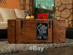 OLD TRAVEL TRUNK Coffee Table Cottage Steamer PINE CHEST with Vintage Tin Sign