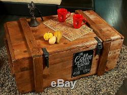 OLD TRAVEL TRUNK Coffee Table Cottage Steamer PINE CHEST with Vintage Tin Sign