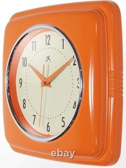Orange Retro 9in Square Wall Clock Silent Sweep Vintage Kitchen Diner Decor