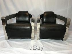 Pair Fine Original Copeland Aviator Style Riders Black Leather Steel Easy Chairs